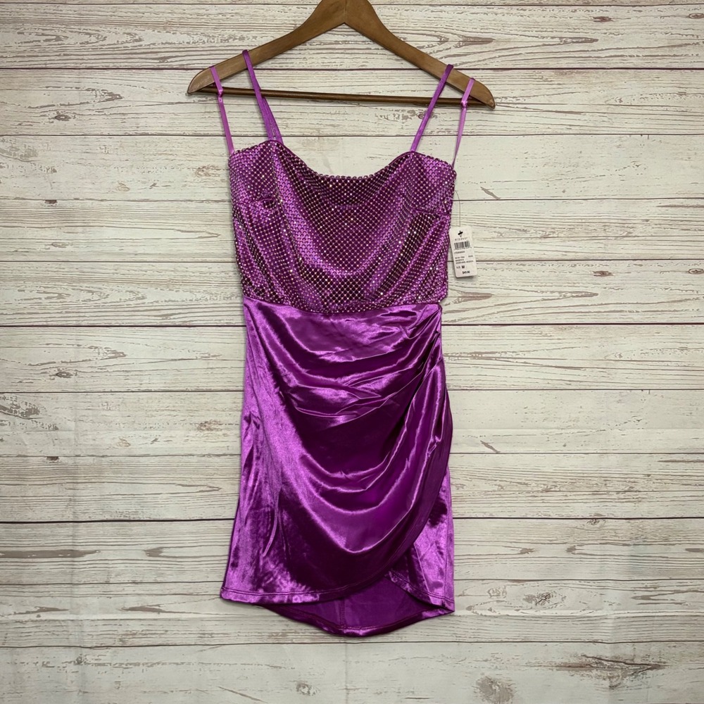 Windsor Magenta Rhinestone Mesh Satin Ruched Mini Dress 05101-1950 Medium NWT